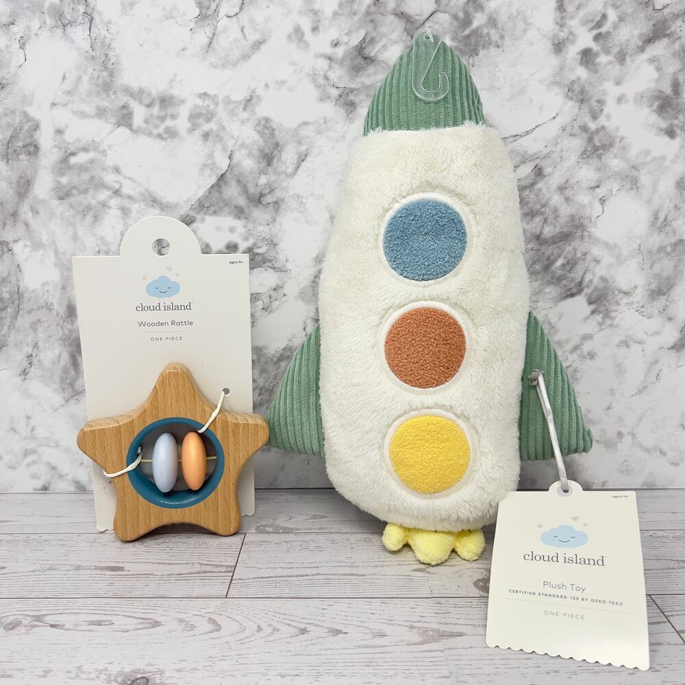 Cloud Island Rocket Plush Toy and Wooden Rattle Toy Baby Gender Neutral